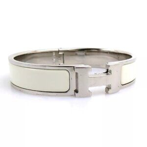 Auth HERMES Clic Clac H Bangle Bracelet Silver/Off White Metal/Enamel